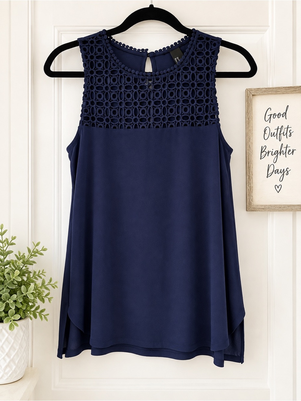 H&M Navy Sleeveless Crochet Yoke Tank Top